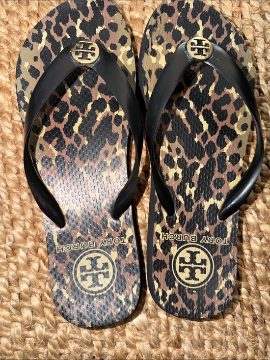 Tory Burch Shoes - Tory Burch Black-Strap Flip Flops with Leopard Print Footbed